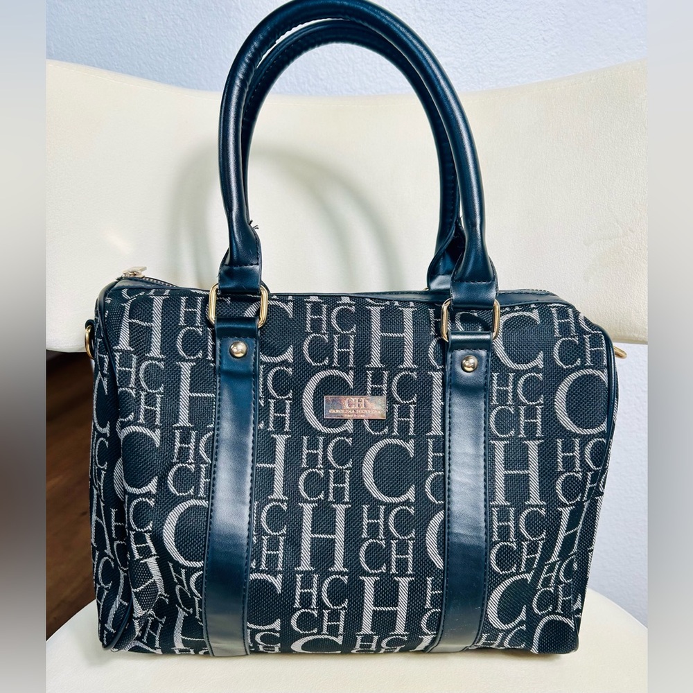 Carolina Herrera Navy and White Monogram Satchel